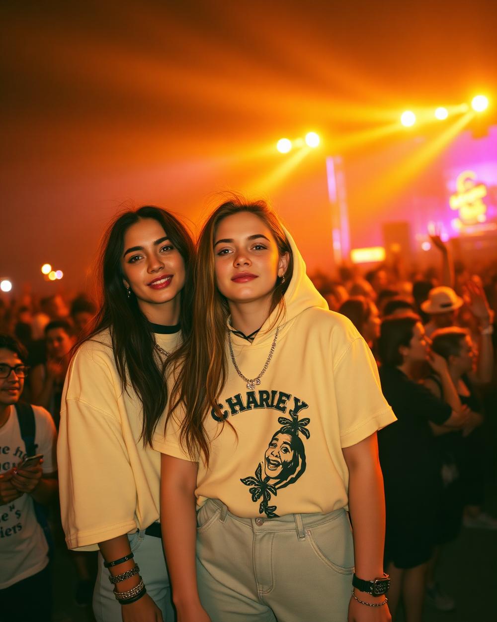 Friends in cream and black streetwear at a night festival