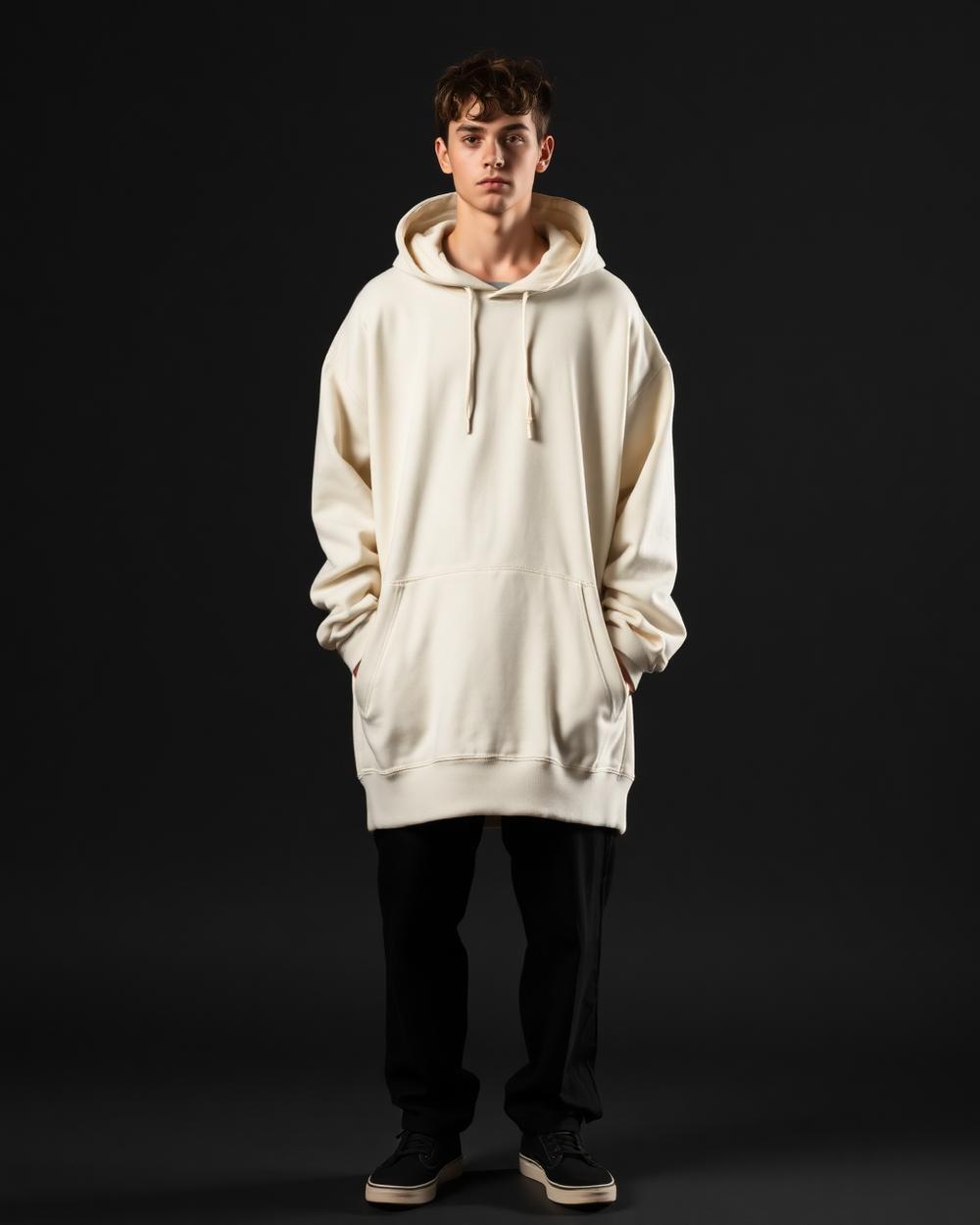 Model wearing a cream oversized heavyweight hoodie