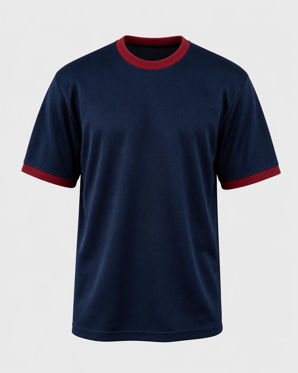 Navy mesh jersey with dark red trim