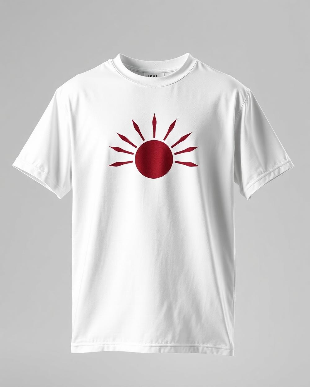 White heavyweight tee with dark red sun graphic