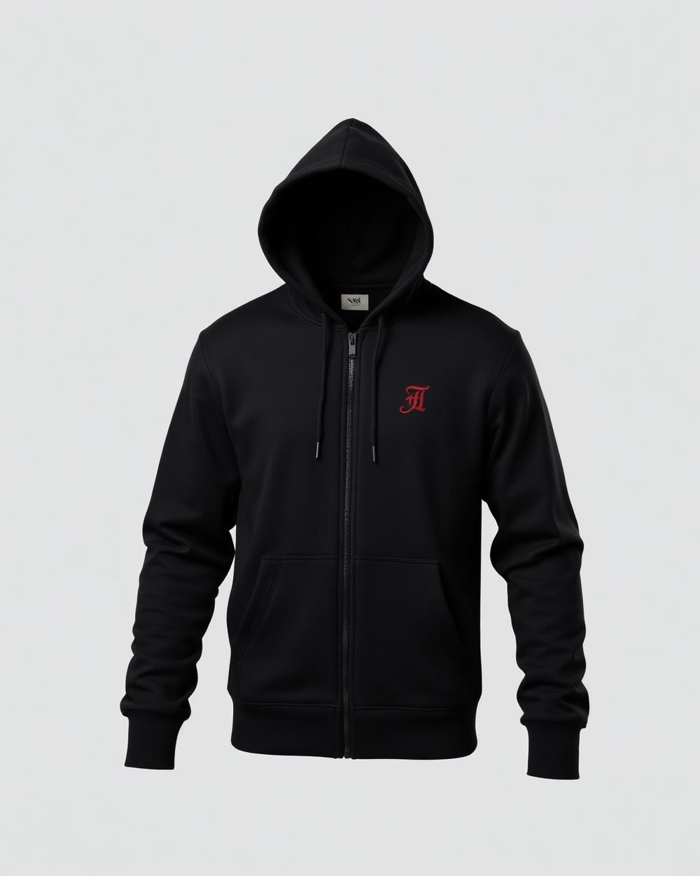 Black full zip hoodie with dark red embroidery