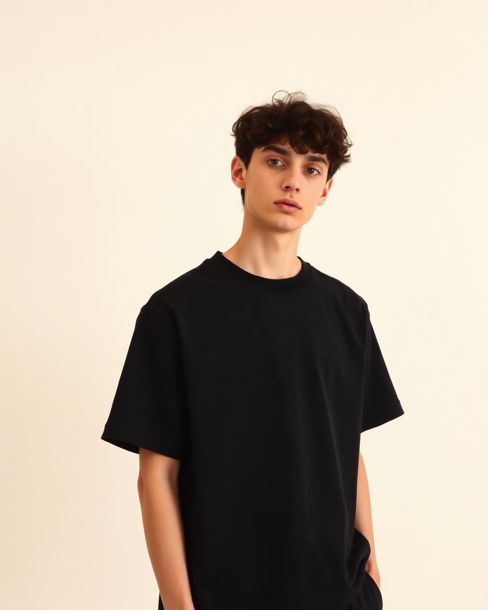 Model wearing a black boxy heavyweight t-shirt